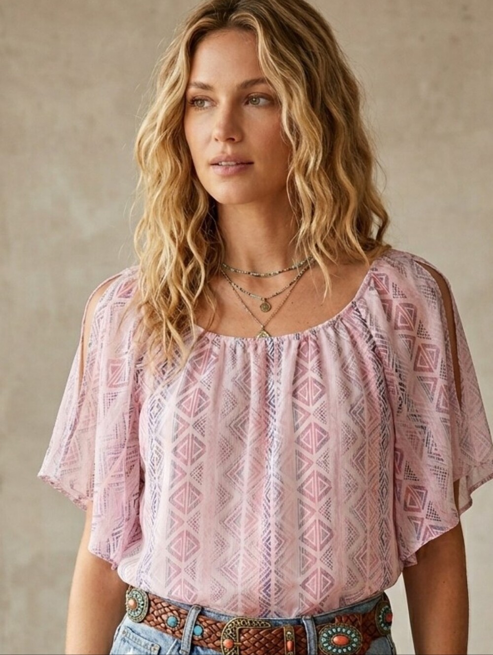Cherish Pink Geometric Cold Shoulder Peasant Top Small Airy Boho Flutter Sleeve